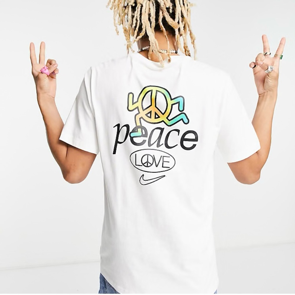 Nike Peace Love Swoosh SI LBR logo back print White T-Shirt Men LARGE Streetwear